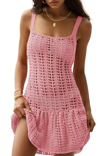 Fisoew Women's Crochet Swimsuit Cover Ups Summer Sleeveless Hollow Out Knit Swimwear Bathing Suit Coverup Beach Dress