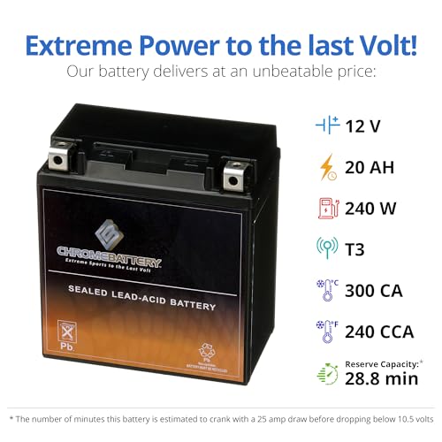 Image of CB CHROMEBATTERY YTX20CH-BS 12 V 270 CCA AGM - Maintenance-Free 18 Ah Battery for ATV, UTV, Motorcycle, Snowmobile, Jet Ski - T3 Nut & Bolt Terminal - Fits Harley Road Glide, Polaris RZR 800