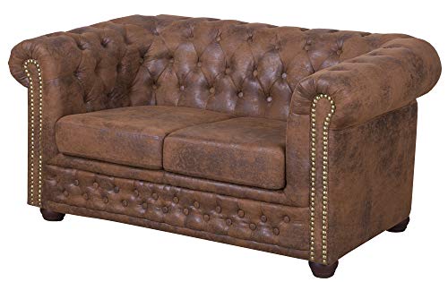 ROVERTI Fresco Chesterfield Zwei-Personen Sofa Braun, 148 x 72 x 86 cm - hölzerne Füße, Couch, freistehend, hochwertige Wellfederung Cover