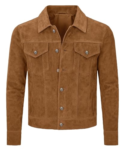 Men's Soft Suede Leather Trucker Jacket Western Style Cowboy Shirt Collar Genuine Leather Suede Jackets For Men2