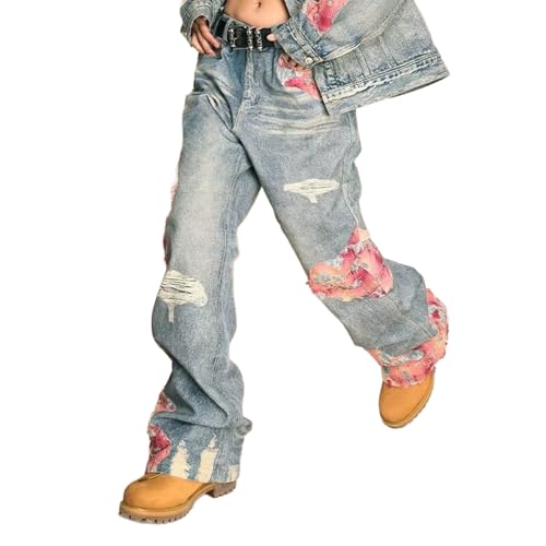 Baggy Jeans Men Frayed Y2k Floral Jeans Loose Fit Ripped Straight Leg Hip Pop Wide Leg Denim Pants Streetwear