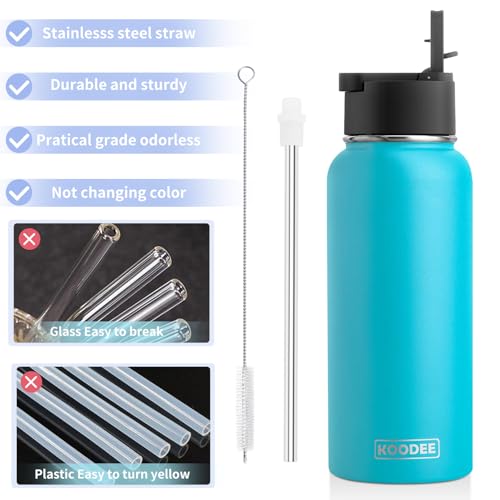 Image of koodee 32 oz Water Bottle with Wide Handle Straw Lid, Vacuum Insulated 18 /8 Stainless Steel Wide Mouth Flask (Sky Blue)