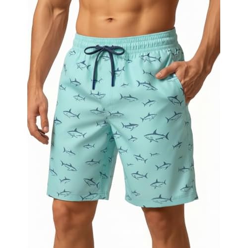 9 Inch Men Swim Trunks with Mesh Lining Breathable Quick Dry Drawstring Pockets for Summer Beach Travel Cruise Small Aqua Shark