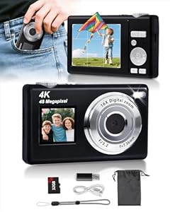 ARNSSIEN Digitalkamera mit Dual-Bildschirm, Autofokus 4K 48MP Vlogging Kamera Fotokamera mit 32GB Karte, ompaktkamera, 16X Zoom, Anti-Shake, Geschenk für Kinder Teenager Anfänger, 5