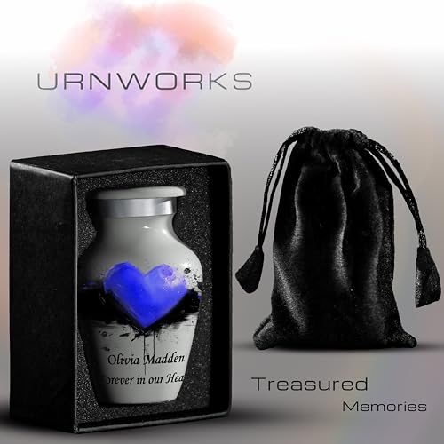 image for UrnWorks Custom Mini Urn with Blue Heart – Personalized Text – Sma