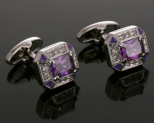 Rectangle Crystal Silver Tone Cufflinks for Men Purple/Blue/Transparent Crystals Men's Cuff Link Set for Wedding Shirt Party Business Birthday Anniversary Dress3