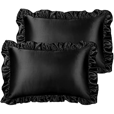 PiccoCasa Luxury Ruffled Pillow Shams Set of 2, Retro Silky Pillow Cover with Ruffle, 85 GSM Satin Pillowcases with Envelope Closure King Black Cover