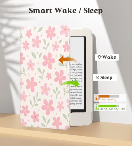 Image of MoKo Case Fits All-New 6 inch E-Reader(11th Gen, 2024 /2022)(10 /8th Gen,2019 /2016),Ultra Lightweight PU Shell Cover with Auto Wake /Sleep for Ebook 2024,Not for Kobo Aura 2 /Remarkable, Flower & Leaves