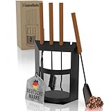 Heimfleiss® Kaminbesteck Schwarz Modern | Premium Ofenbesteck Kaminbesteck Set | Kaminzubehör mit Holzgriffen | Kaminset aus Schürhaken, Kehrset, Holzzange | Kaminofen Besteck | Kamingarnitur für Ofen