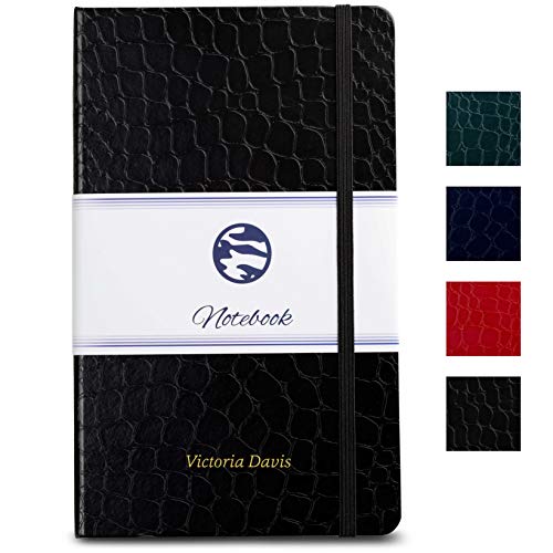 Personalized Notebook | Journal, Faux Leather Bound Hardcover - Engraved Gift for Men/Women- sz A5 (8.25 x 5") - Premium Acid-Free Ivory 120 gsm Paper, Lightly Ruled, 180 Pages, by CAMOLEAF (Black)