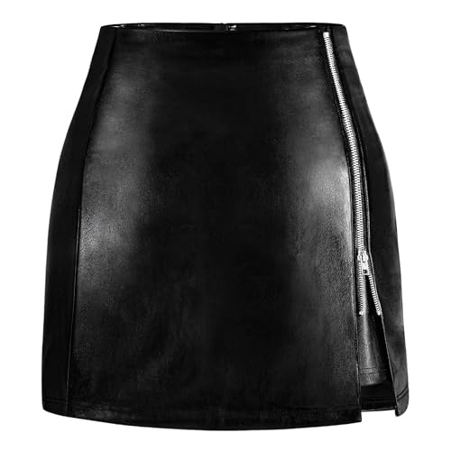 FLUFFY SENSE. Women's Leather Mini Skirt –Stretchy High Waisted Zipper Slit Faux Pleather Bodycon Short Pencil Skirt (US, Alpha, Medium, Regular, Regular, Black Leather-Textured)