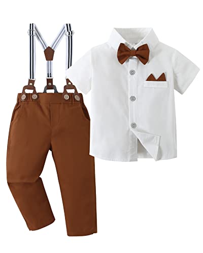 Image of YALLET Toddler Baby Boy Clothes Suit Gentleman Wedding Outfits Formal Dress Shirt+Bowtie+Suspender Pants