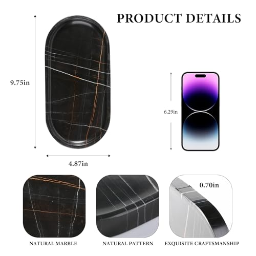 Image of Koville Black Marble Vanity Tray for Bathroom Countertop, 10 inchx5 inch Natural Marble Catchall Tray Perfume Trays for Dresser, Stone Jewelry Dish Candle Holder for Home Decor, Stone Oval Trays