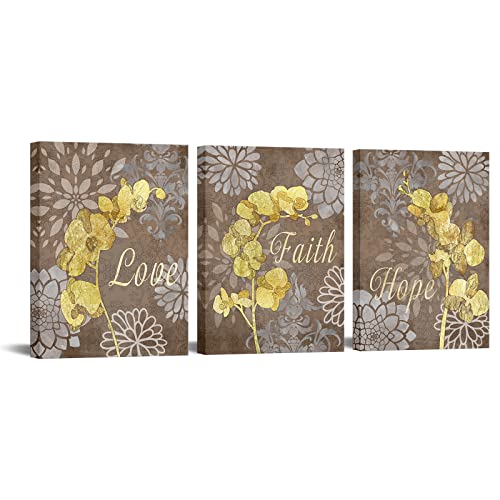 RyounoArt 3-teiliges Wandbild mit Motiv "Love Faith Hoffnung", für Badezimmer, Vintage-Orchidee, Blumengemälde, abstrakte Blumendrucke, Leinwand, goldfarben und braun, gerahmt, fertig zum Aufhängen Cover