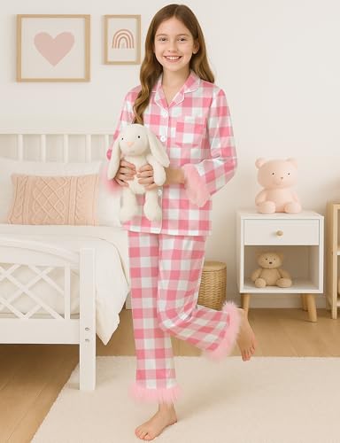 EPLAZA Kids Satin Pajamas for Girls Silk Pajamas Set 2-Piece Feather Long Sleeve Button Down Pjs Set Sleepwear with Eye Mask2