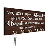 CEZII Wooden Religious Key Holder - God Will Bless You Religious Verse Key Ring Holder Hook Art w 5 Hooks for Wall - Jesus, Joseph, Mary Religious Housewarming - Religious Gifts for Family, Friends