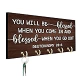 MUCHNEE Wooden Religious Key Holder - God Will Bless You Religious Verse Key Ring Holder Hook Art w 5 Hooks for Wall - Jesus, Joseph, Mary Religious Housewarming - Religious Gifts for Family, Friends