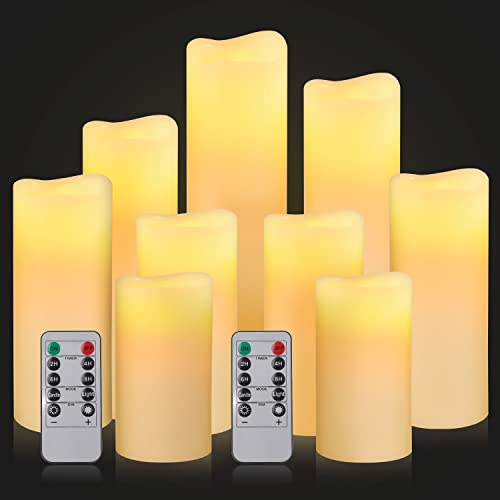 Biyanuo Flameless Battery Operated Led Candles-Set of 9(H 4 5 6 7 8 9 x D 2.2 ) Real Wax Flickering Pillar LED Electric Candles with 10-Key Remote and 24 Hours Timer Ivory