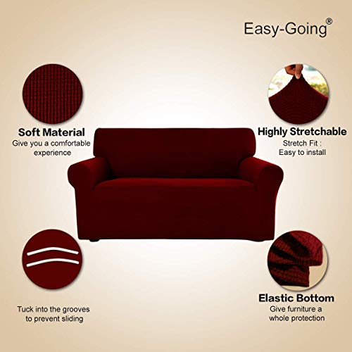 Image of Easy-Going Stretch Loveseat Slipcover 1-Piece Sofa Cover Furniture Protector Couch Soft with Elastic Bottom for Kids Polyester Spandex Jacquard Fabric Small Checks (Loveseat, Wine)