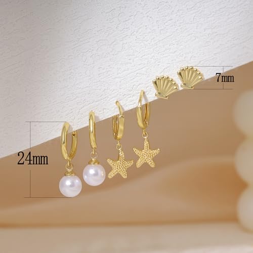 Gold Earrings Set For Women,Summer Starfish Shell Pearl Dangle Earrings Set For Women Trendy Cute Hoop Drop Earring Stack Fashion Beach Jewelry Gifts4