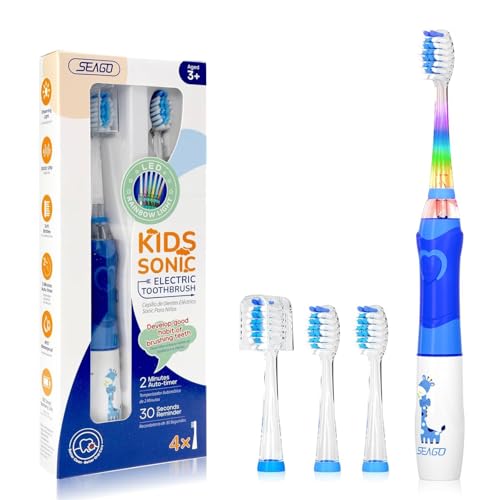Cepillo de dientes eléctrico para niños de 4 a 12 años, 4 modos con memoria, luces LED de color, 24.000 vibraciones con temporizador de 2 minutos, recordatorio de 30 segundos (azul)