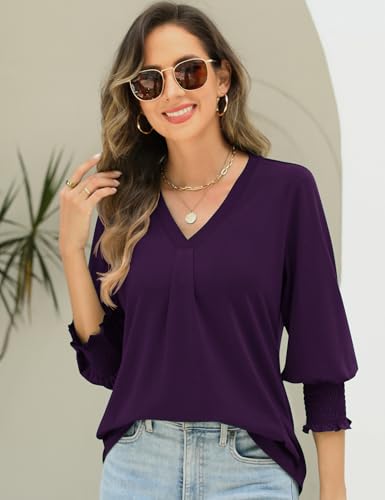 AKEWEI 3/4 Length Sleeve Womens Tops Summer Fashion V Neck Business Casual Blouses Smocked Shirts3