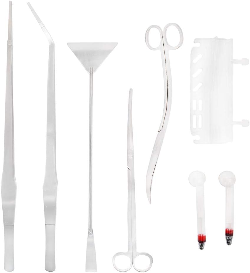 SITAKE Stainless Steel Aquarium Tools Kit 5 in 1 with 2 Thermometer and 1 Acrylic Tweezer Holder - Aquarium Tweezers Scissor Spatula Tools - Aquatic Plant Tweezers Scissors Spatula Cleaning Tool Set