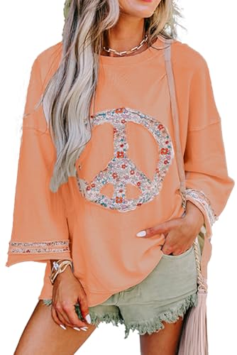 KevaMolly Womens Long Sleeve Tops Floral Peace Symbol Drop Shoulder Sweatshirt Crewneck Casual Pullover Top Orange a-XXL