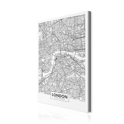 decomonkey Bilder Weltkarte 40x60 cm 1 Teilig Leinwandbilder Bild auf Leinwand Vlies Wandbild Kunstdruck Wanddeko Wand Wohnzimmer Wanddekoration Deko London schwarz weiß