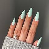 Mint Green Press on Nails Almond Shaped Nails Press ons, Medium Fake Nails Short Almond Acrylic Nails Glue on Nails Medium Length False Nails for Women Thick Natural Gel Stiletto Almond Nails 24Pcs