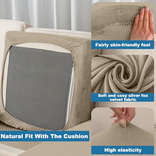 Image of Stretch Silver Fox Velvet Sectional Couch Covers - 4-Piece Sofa Cushion Covers for Left /Right L-Shaped Chaise, Soft and Comfortable Slipcovers for Sectional Sofa(3Seater+1Chaise,Leather Brown)