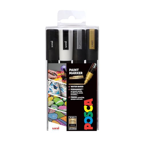 POSCA PC-5M Permanent Marker Paint Pens - Bullet Tip - Use On Virtually any Surface - Set of 4 Mono Colours