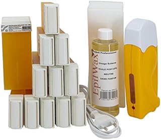 EpilWax Complete Hair Removal Waxing Kit - with 12 Honey Wax Roll-on Cartridges, Roll On Wax Heater, 100 Strips and Waxing Oil