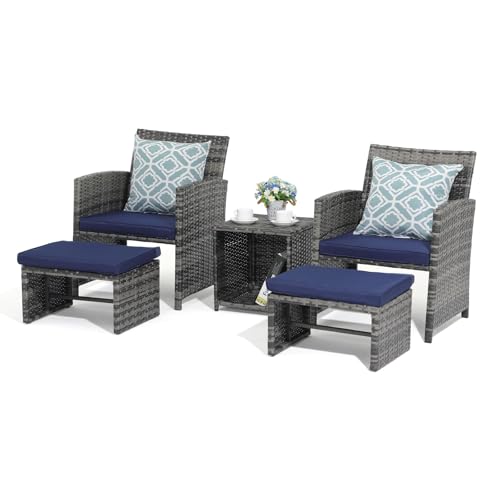 OC Orange-Casual Juego de muebles de jardín de ratán de 5 piezas, de ratán sintético, 2 sillones de jardín con mesa auxiliar y taburete, incluye cojines y cojines de respaldo, para jardín, interior,