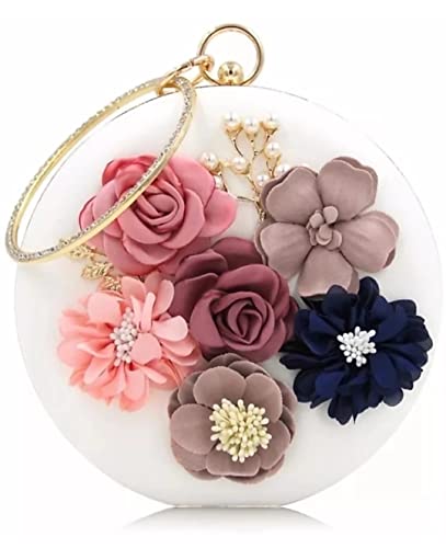 Image of TOOBA Handicraft Women's Round Shape Clutch Bag Purse | Floral Bag, Bridal Purse & Party Handbag Design with Ring Handle - Wedding & Special Occasion Clutch