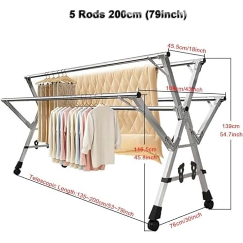 Support à linge en acier inoxydable réglable 200x200 cm avec rangement chaussures et roulettes - 6