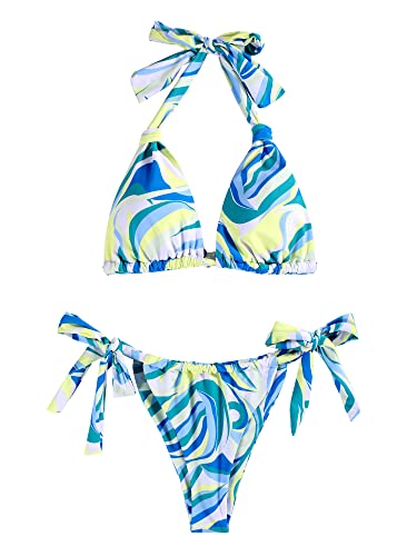 Zaful Women's Halter Bikini Multi Colored Swimsuits Two Piece Bathing Suits Brazilian Padded Top Green S #TOP14