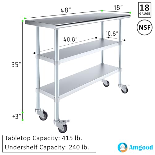 Image of AmGood Stainless Steel Work Table with 2 Shelves and Casters | Metal Utility Table On Wheels (Stainless Steel Work Table with 2 Shelves + Casters, 48 inch Long x 18 inch Deep)
