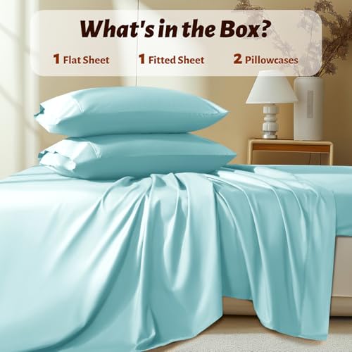 Shilucheng 100% Egyptian Cotton Queen Size Sheets Set - 1000 Thread Count，Luxury Cotton Bed Sheets，Breathable & Cooling Bedding and Pillow Cases, 16 Inch Deep Pocket - 4 Piece (Spa Blue, Queen)