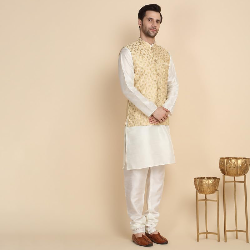 Image of KRAFT INDIA Men's Stylish Silk Kurta with Churidar & Nehru Jacket Set