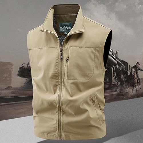 Men's Oversize Multi Pockets Vest Solid Color Lapel Collar Zipper Sleeveless Shirts Outdoor Cargo Work Waistcoat Plus Size2