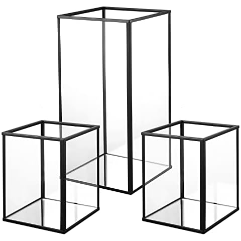 Phosphor Small Hurricane Candle Holder Set of 3 Pieces, Black Glass Candle Holder for Wedding, Party, Holiday. Cover