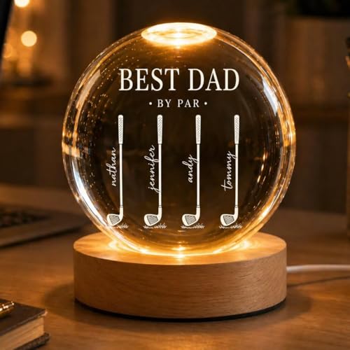 Image of Custom Golf Dad Crystal Ball Night Light, Best Dad By Par Gift, Fathers Day Lamp for Daddy, Custom Golfer Gift with Kids Names, Daddy Keepsake Gift