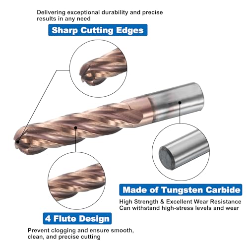 Image of HARFINGTON Ball Nose End Mill 4 Flute 3 /16 inch Diameter 3 /16 inch Shank Tungsten Carbide TIN Coated Spiral CNC Router Bits 3 /4 inch Cutting Length Single End Ball for Carving Engraving Grinding
