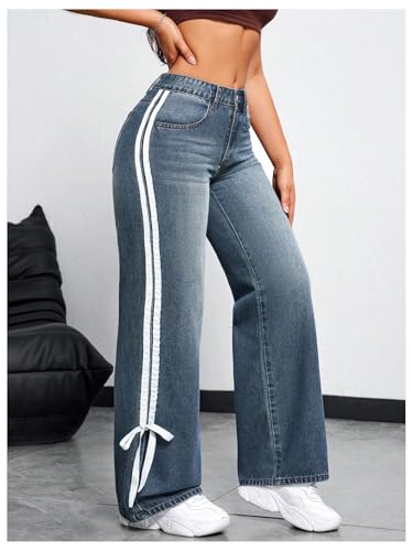 WDIRARA Women's Bow Side Striped Baggy Jeans Y2k Wide Leg Mid Rise Denim Pants with Pockets2