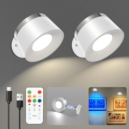 Image of LED Wall Sconces Set of Two, Rechargeable Battery Operated Wall Lights with Remote, Wall Lamp Wireless 3 Color Temperatures + 13 RGB & Dimmable Magnetic 360 Rotation (Two Pack White)
