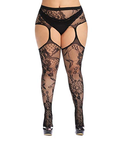 CURRMIEGO Womens Fishnet Suspender Tights plus size patterned pantyhose Stockings 2-Pairs (Black P1203, Plus Size)