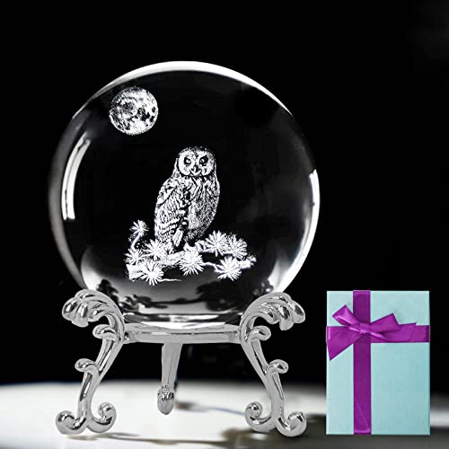 KOMINZZ Crystal Ball 3D Laser Owl Figurines Glass Paperweights with Stand Crystal Ornaments Gifts for Women Men Glass Ornaments for The Home Office Decor