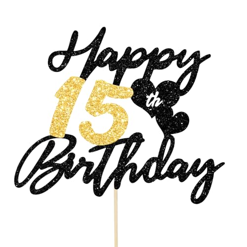 Gleevio Tortendeko 15 Geburtstag Junge Mädchen,Glitzer Kuchen Deko 15 Geburtstag Mädchen,Happy 15th Birthday Cake Topper,Alles Gute zum Geburtstagsdeko 15 Jahre,Torten Deko 15 Jahre Junge Schwarz Gold