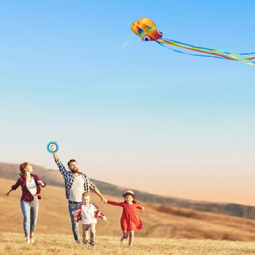YFAFENGS Large Octopus Kites with 7.1in Reel Winder - Easy Fly Beach Kite Set for Adults & Beginners, Durable Outdoor Squid Kite for Stable Flight